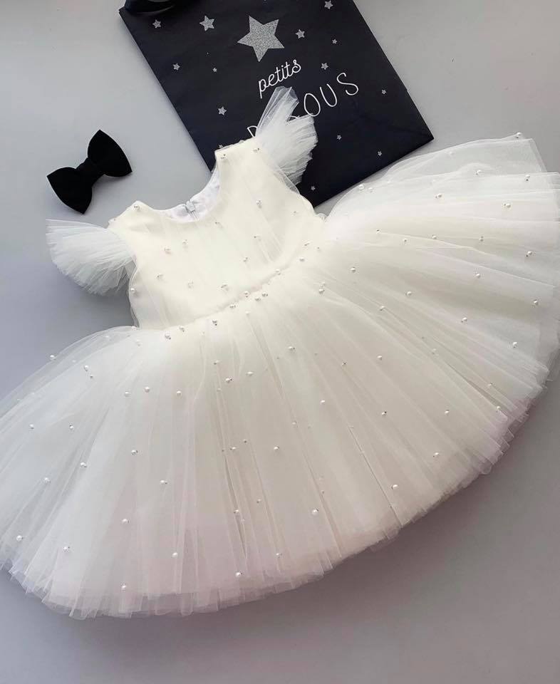 Đầm xòe công chúa trễ vai kết hoa nơ ren lưới cao cấp màu trắng